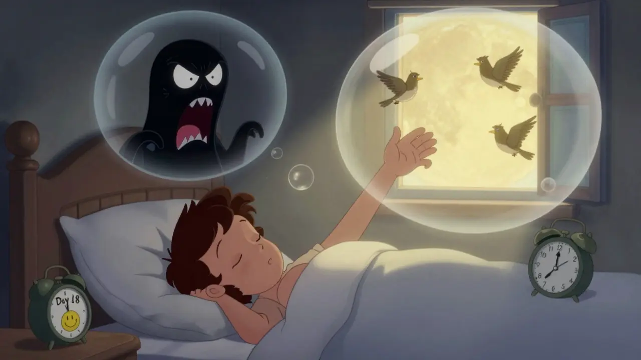 Člověk spí klidně, zatímco nad ním plavou dva snové scénáře: starý děsivý a nový klidný, osvětlený zlatým světlem.