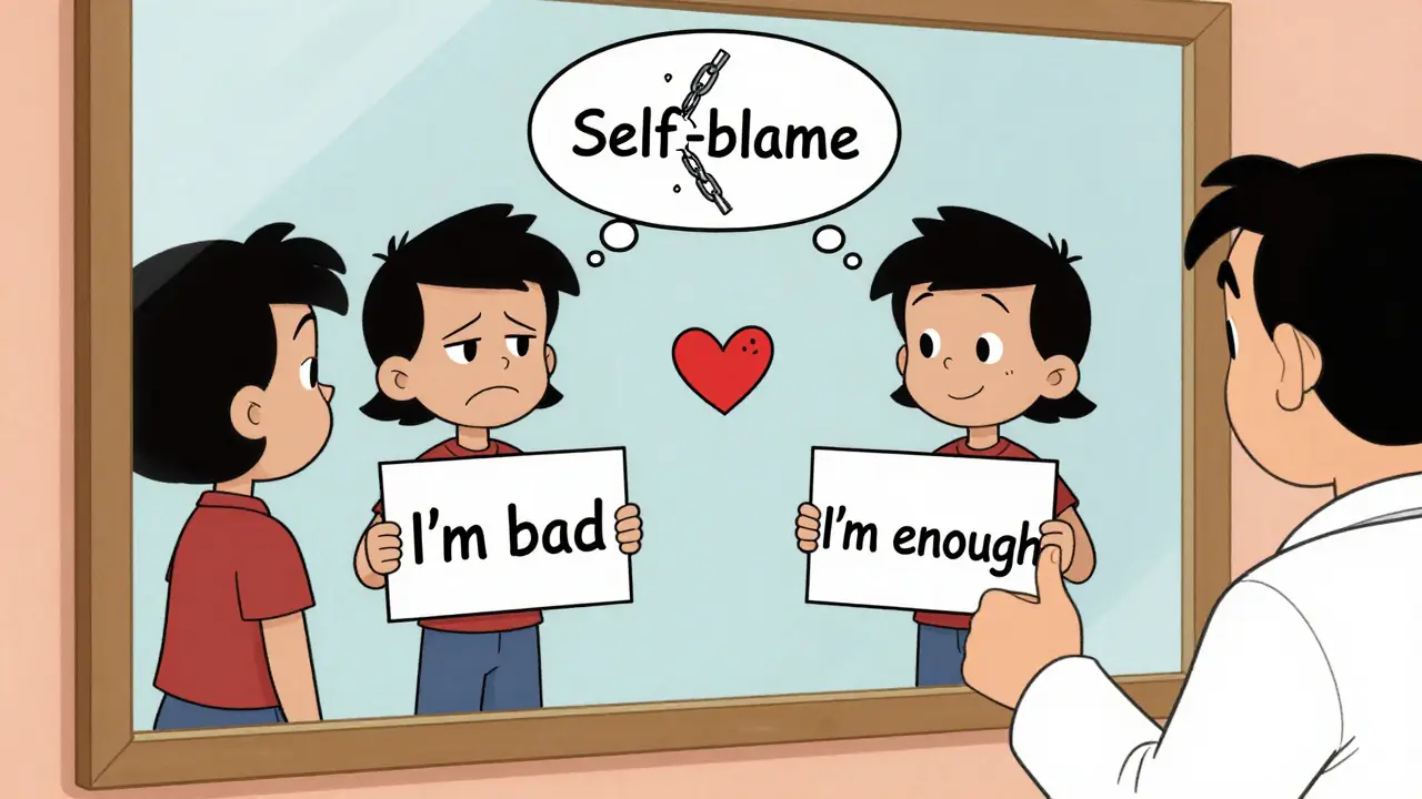 Člověk vidí ve zrcadle dvě verze sebe sama – jednu kritickou, jednu přijímající.