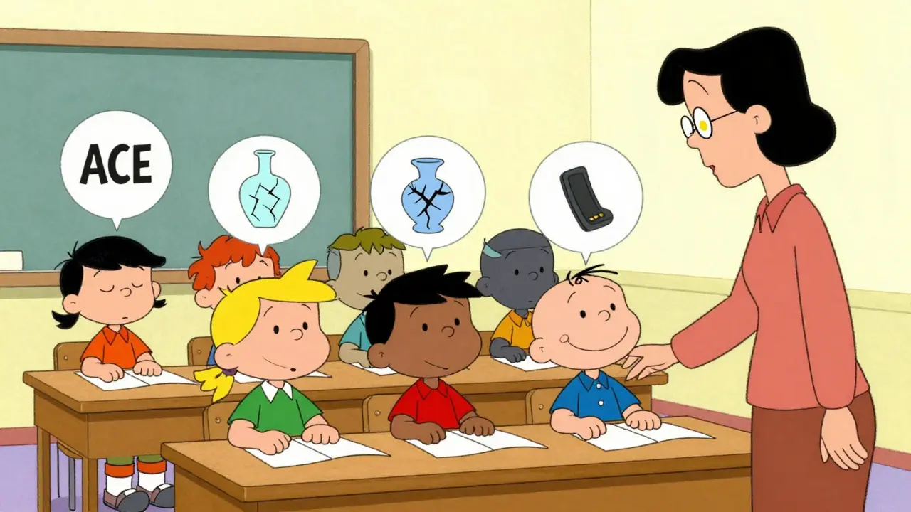 Děti ve třídě mají nad hlavami symboly traumatu, jedna je podržena rukou dospělého.