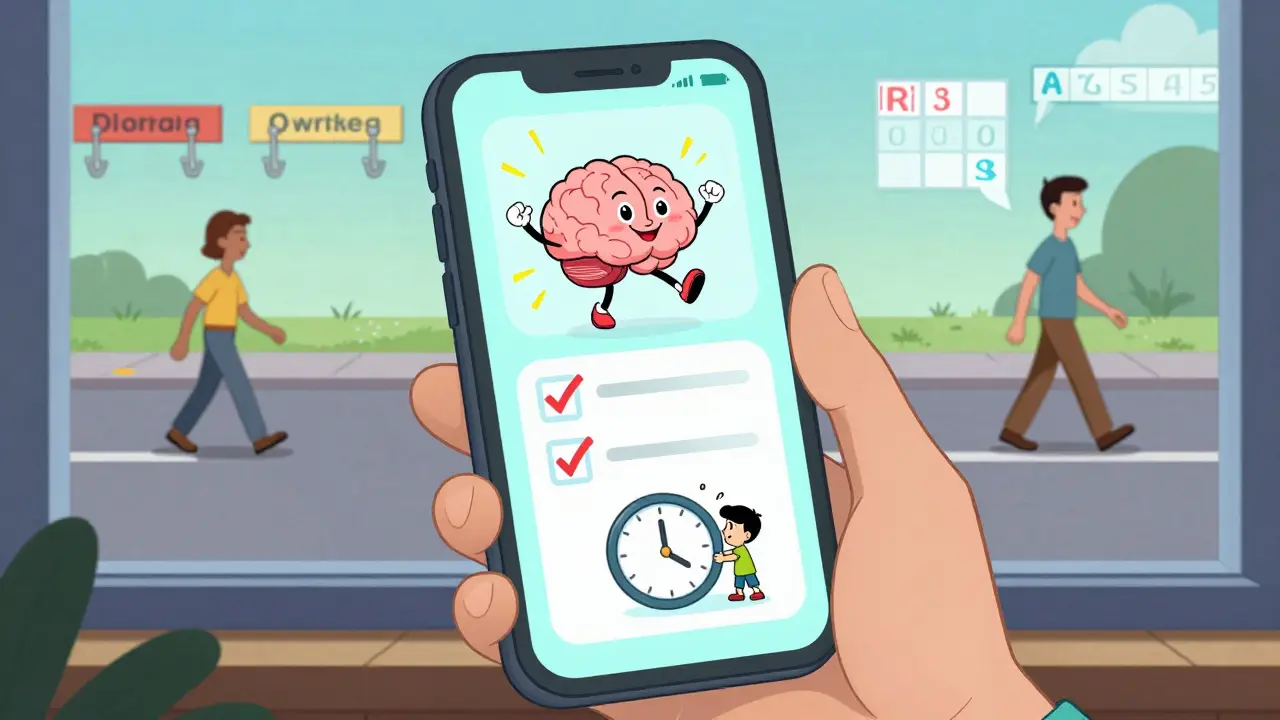 Digi-terapie na telefonu zobrazuje animované mozky a časové bloky, zatímco uživatel jde po čisté ulici s označenými místy pro klíče.