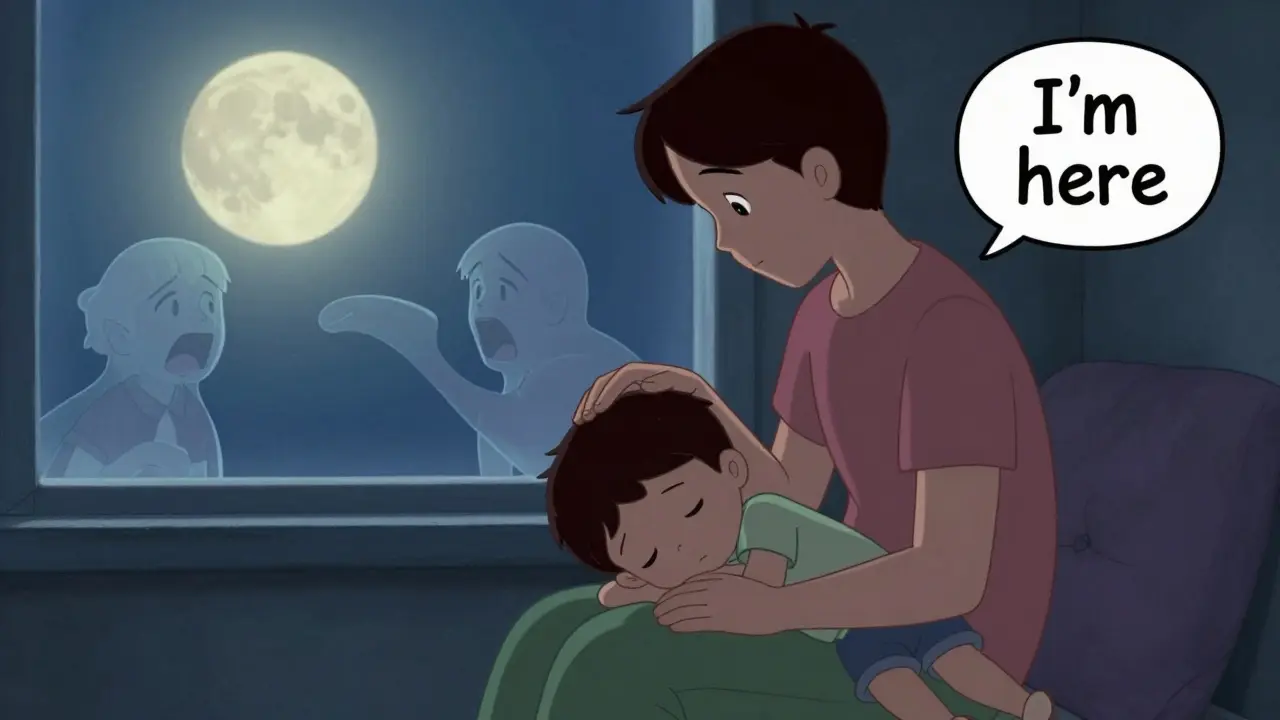 Dítě klade hlavu na koleno rodiče, minulost se vypařuje jako kouř.