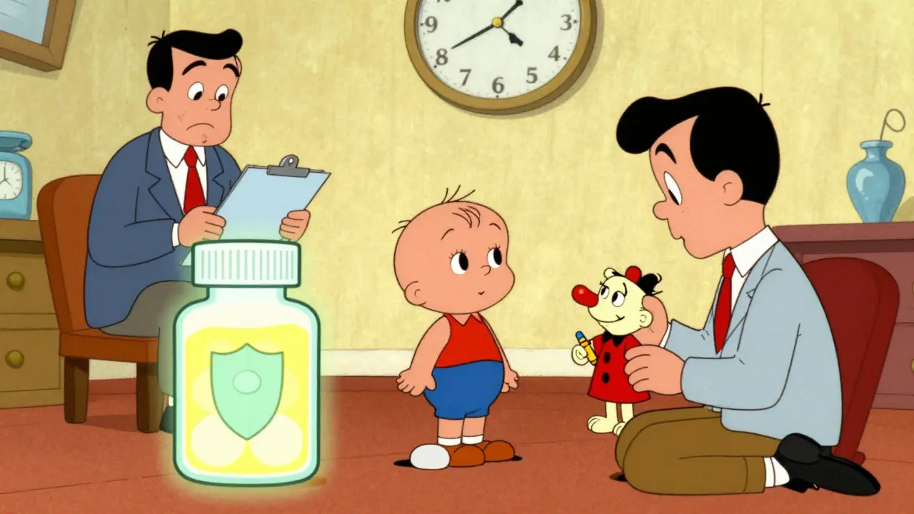 Dítě mezi léky a terapií, rodiče a odborníci spolupracují na jeho vývoji.