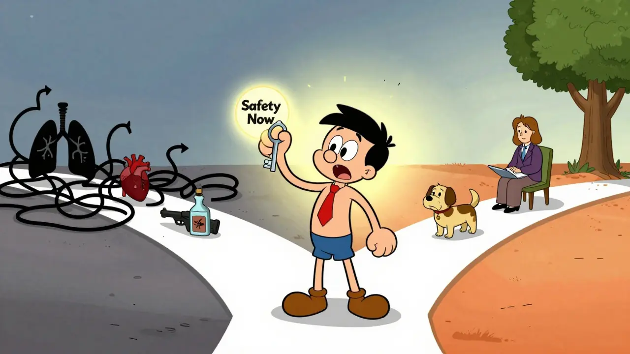 Dospělý stojí na křižovatce mezi cestou nemocí a cestou podpory.