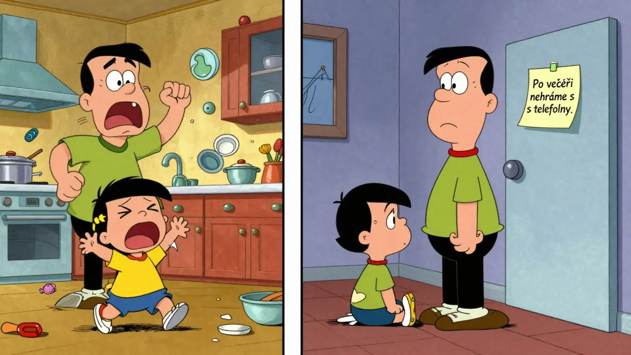 Dvě scény domácího života: chaos proti klidnému, konzistentnímu přístupu rodičů.