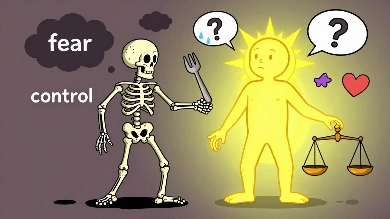 Dvě verze těla: jedna štíhlá a temná, druhá zdravá a světlá, symbolizující vnitřní boj.