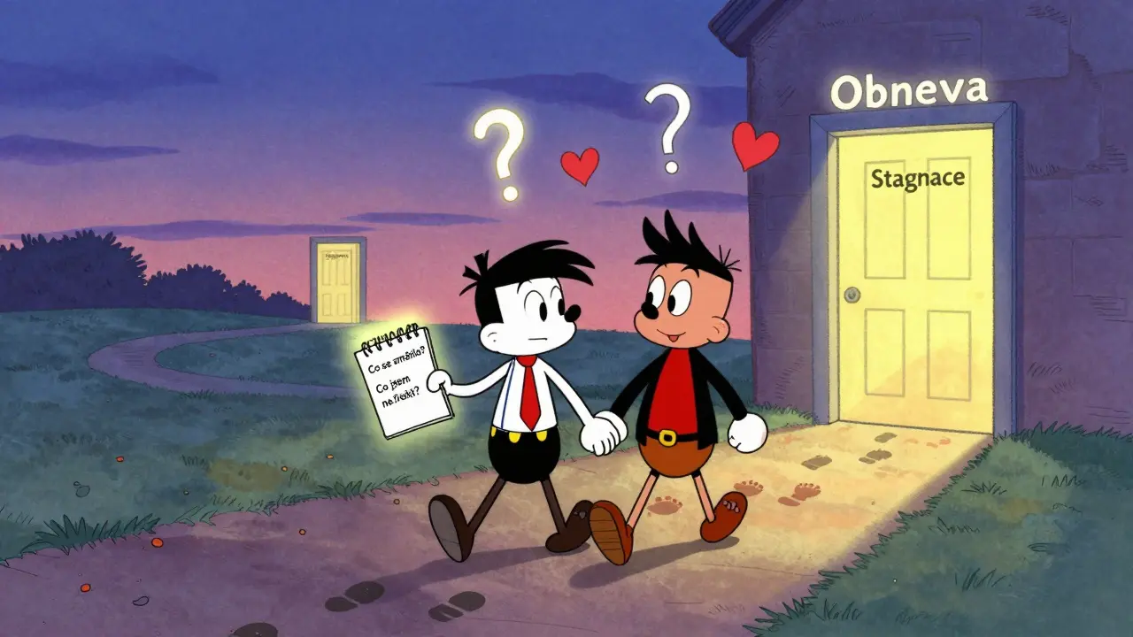 Dvojice jde po cestě, kde se otazníky mění v srdíčka, a drží poznámky s týdenními otázkami o změnách ve vztahu.