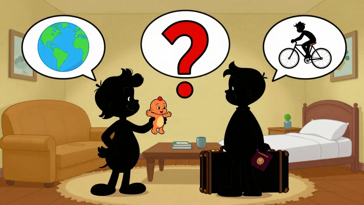Dvojice s dítětem a cestovním pasem, mezi nimi obří otazník a myšlenky o samotě a cestování.