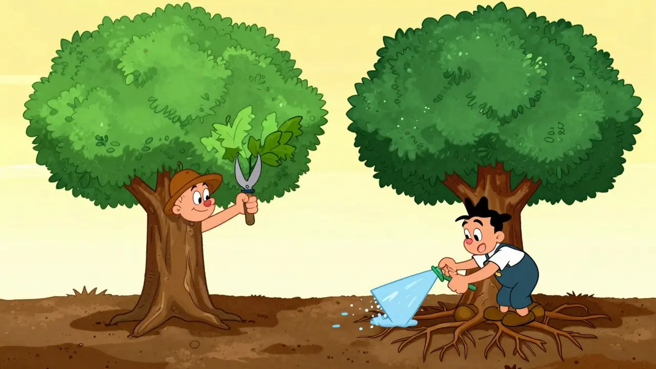 Kreslené stromy ukazující povrchovou a hlubokou léčbu deprese.