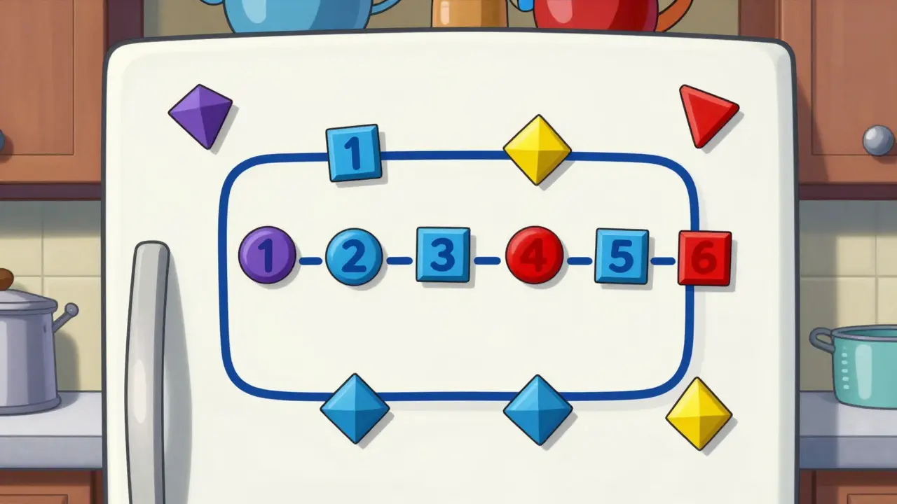 Lednice s vizuálním plánem úkolů a barevnými magnety.