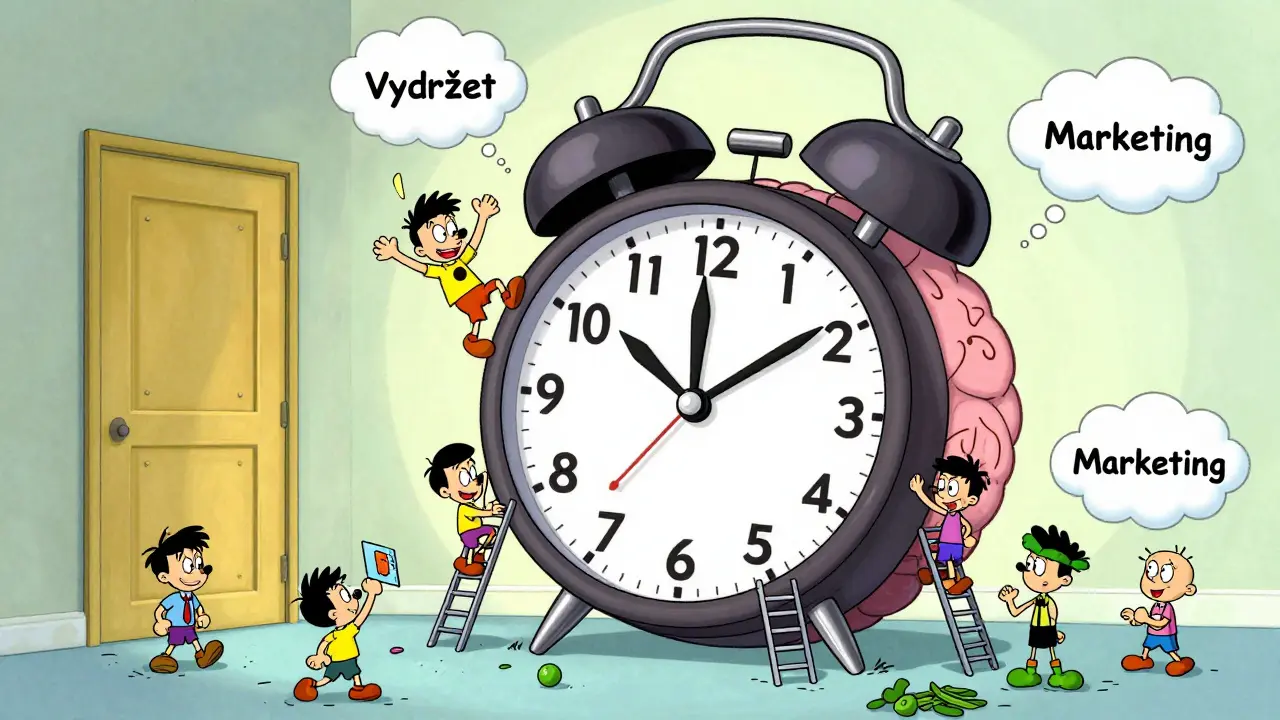 Obří hodiny ve tvaru mozku s postavičkami, které se snaží dosáhnout klidu prostřednictvím každodenních návyků.