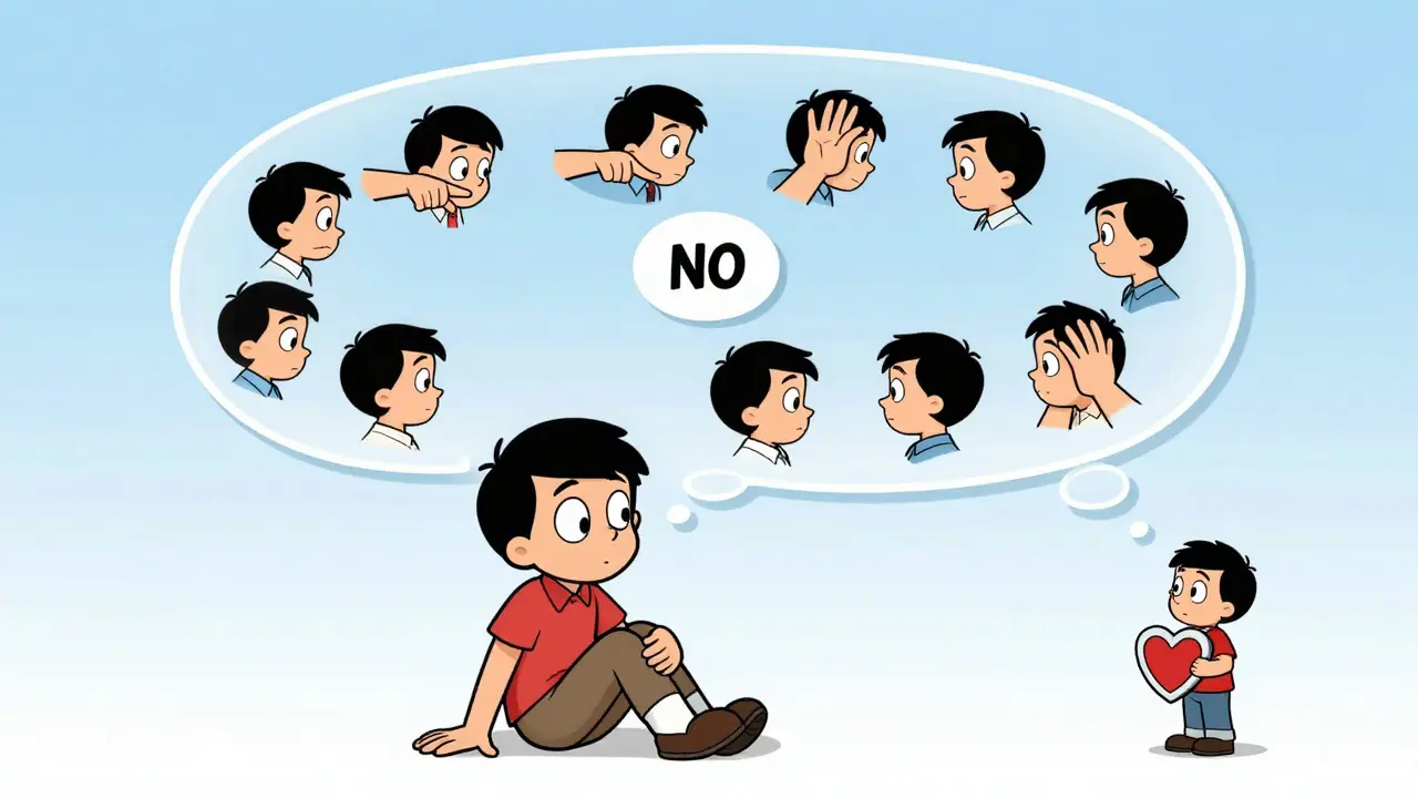 Osoba po třetím sezení má nad hlavou bublinu s opakujícím se vzorem a malou verzí sebe, která se učí říkat 'ne'.