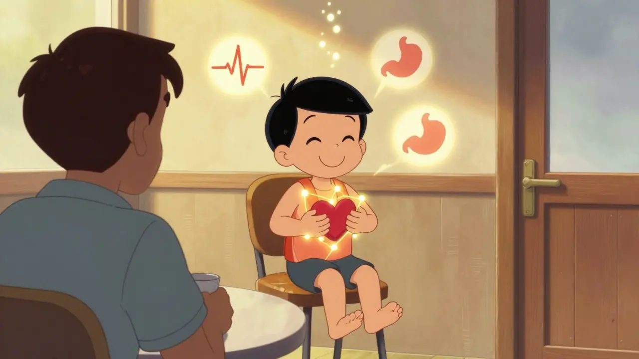 Osoba sedí v kavárně klidně, kolem ní plavou ikony klidu, hladu a dechu.