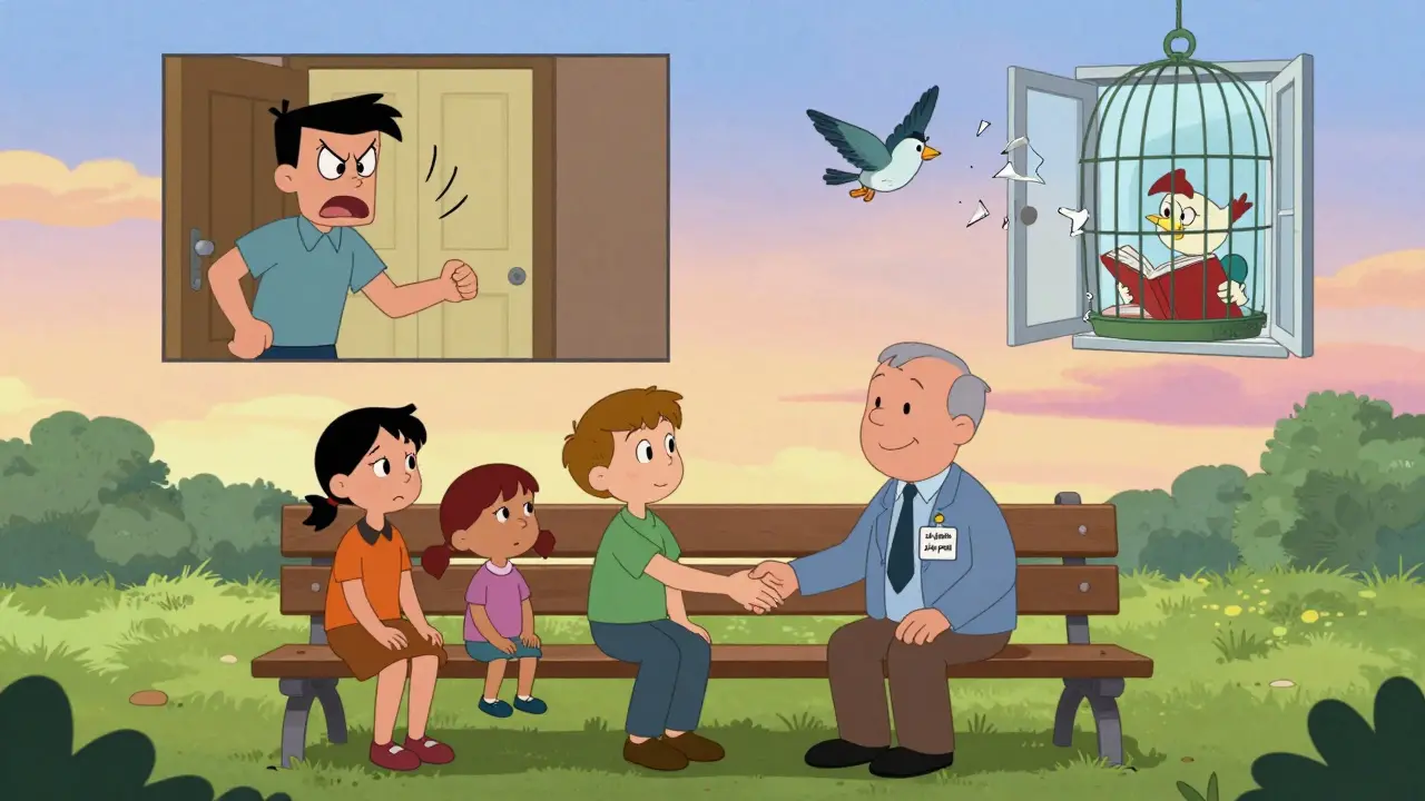 Peer worker sedí s rodinou na lavičce, nad nimi je rozdíl mezi minulostí a současností, pták vylétá z klece.