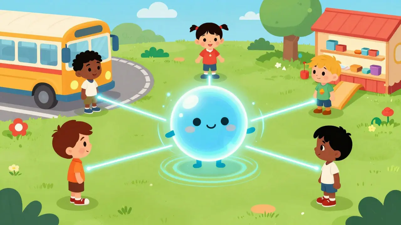 Pět dětí v různých virtuálních scénářích spojených světelnými linkami s AI postavou.