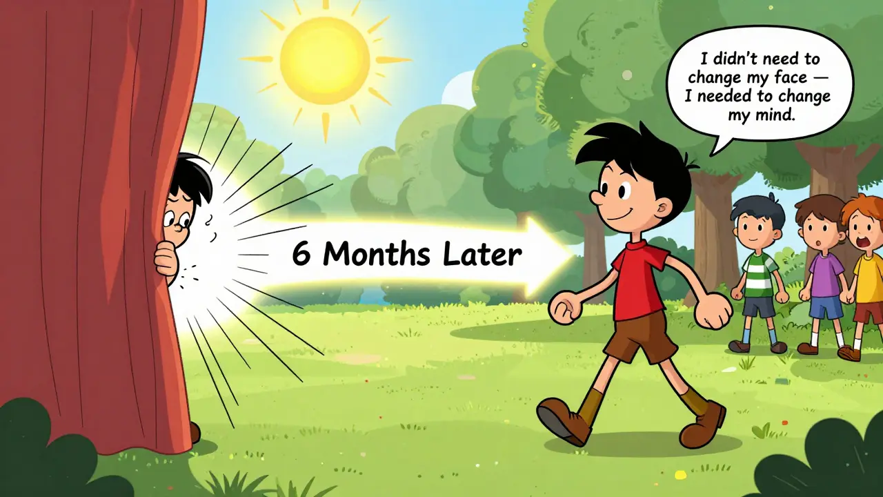 Před a po: osoba, která se dříve skrývala, nyní chodí ven se přáteli bez obav o vzhled.