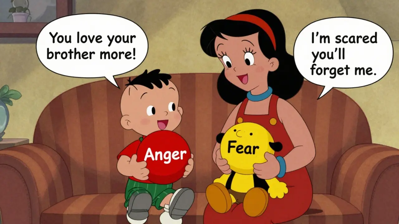 Rodič a dítě hrají rozhovor s loutkami, symbolizující emoce.