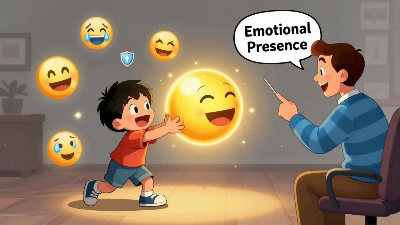 Rodič a dítě hrají spolu s míčem, kolem nich plavou citové symboly.