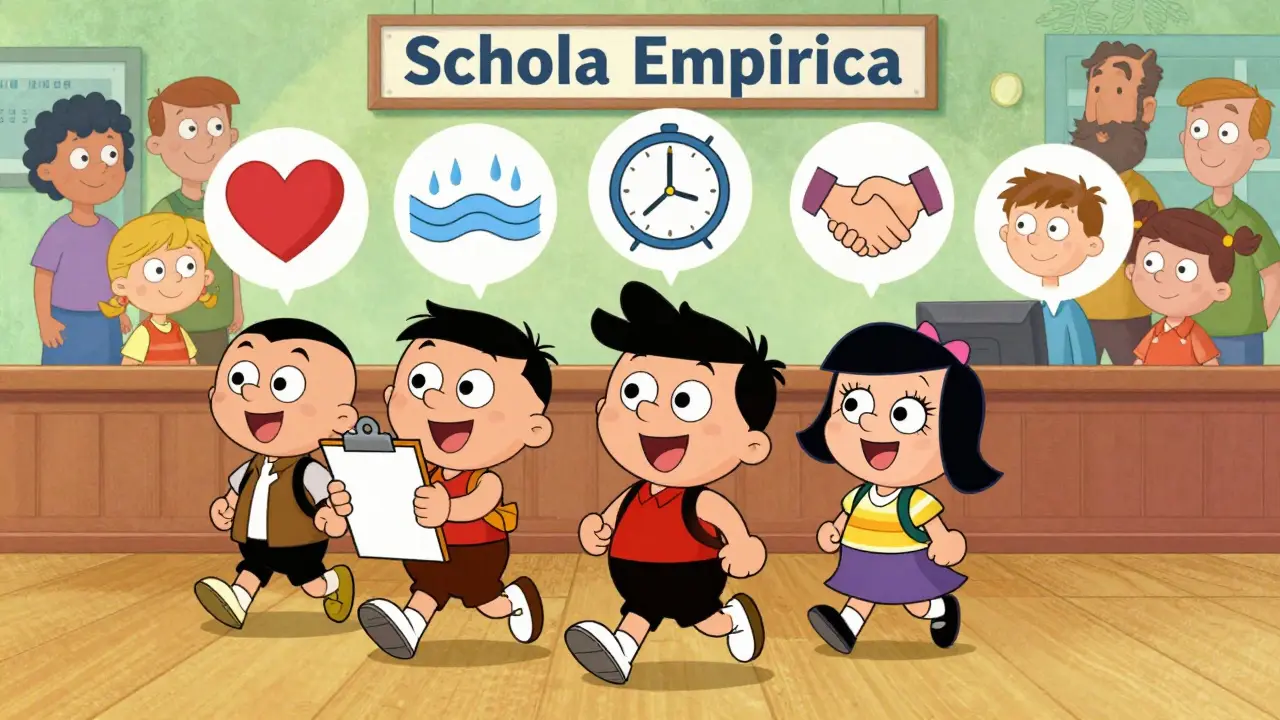 Rodina vstupuje do centra pro podporu rodin, symbolizující psychoedukaci s vizuálními nástroji.