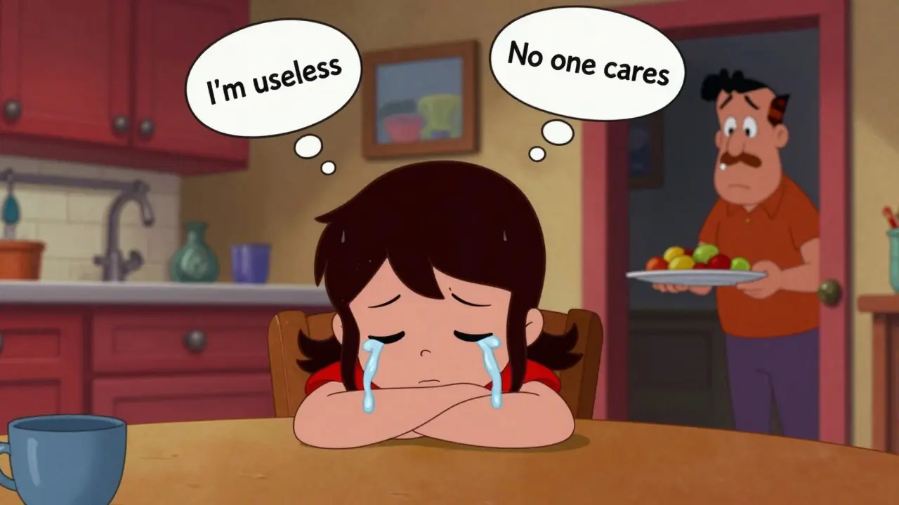 Teen girl crying at kitchen table while parents watch helplessly, thought bubbles with negative words floating around.