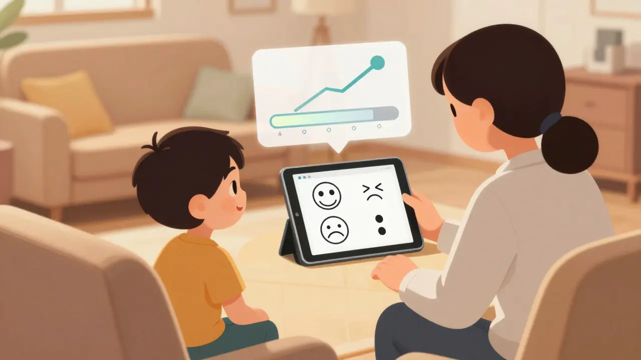 Terapeut a dítě společně sledují na tabletu cvičení rozpoznávání emocí.