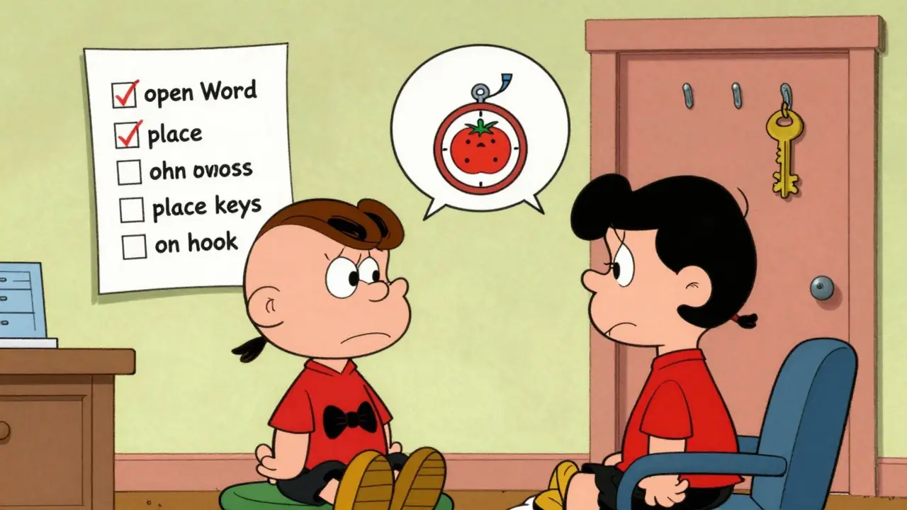 Terapeut a klient spolu diskutují, zatímco v prostředí plavou vizuální nápovědy jako kontrolní seznamy a hodiny Pomodoro.