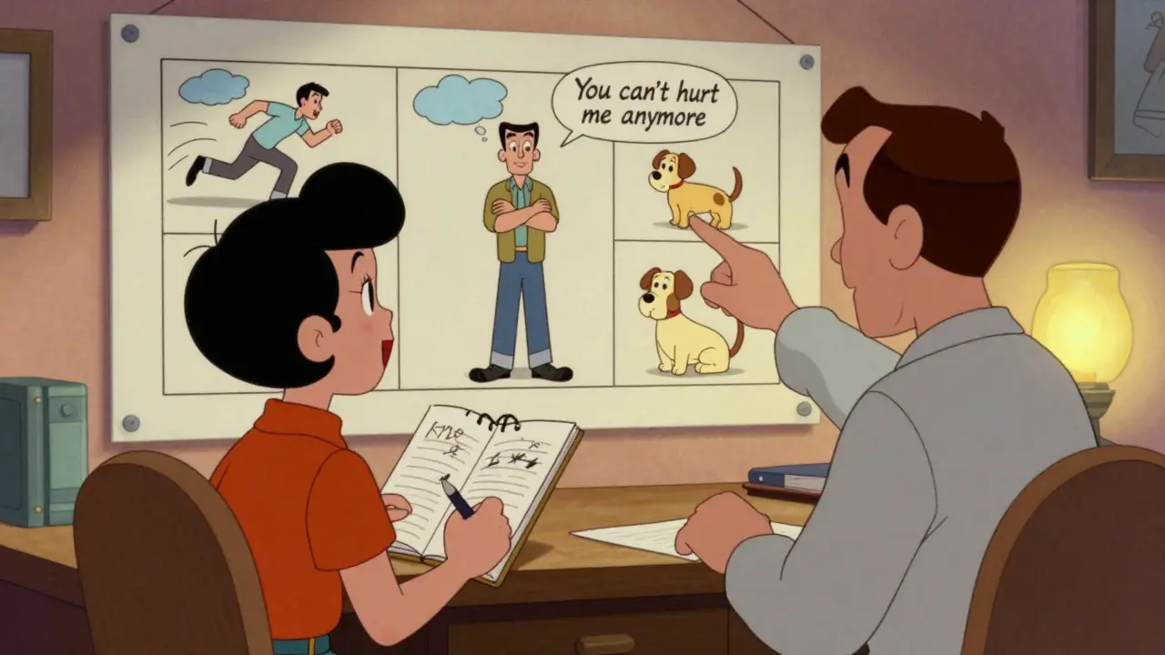 Terapeut a pacient spolu pracují na přepisování noční můry pomocí komiksového příběhu s klidným novým koncem.