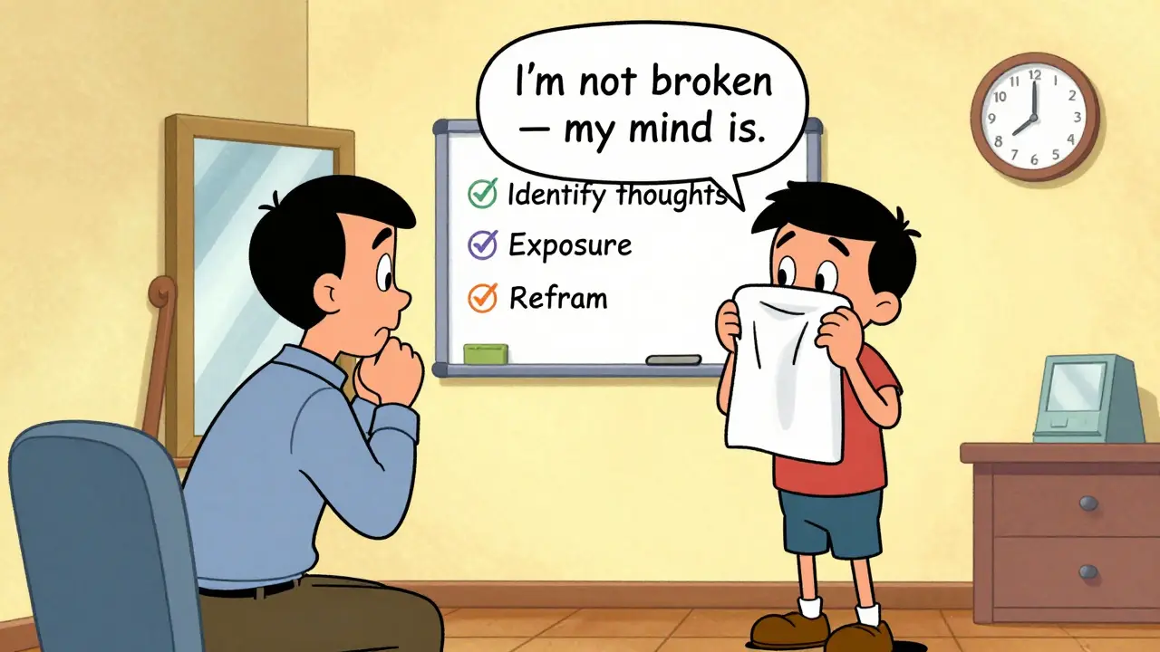 Terapeut pomáhá klientovi postupně snižovat kontrolu zrcadla během kognitivně-behaviorální terapie.