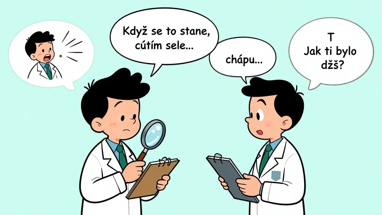 Terapeut ukazuje dvojici, jak se jejich komunikace změnila z křiku na naslouchání, s myšlenkovými bublinami před a po terapii.