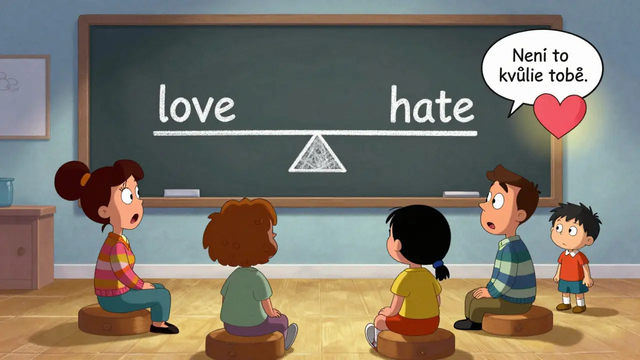 Terapeut vede skupinovou psychoedukaci, na tabuli je znázorněno dichotomické myšlení jako houpačka, dítě šeptá 'Není to kvůli tobě'.