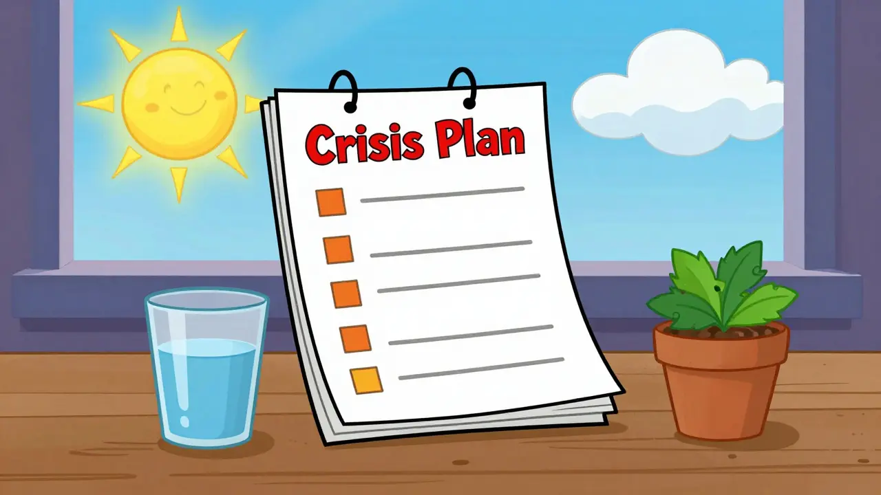 Barevný krizový plán na stole s vyzdvihujícím slunečným dnem v pozadí.