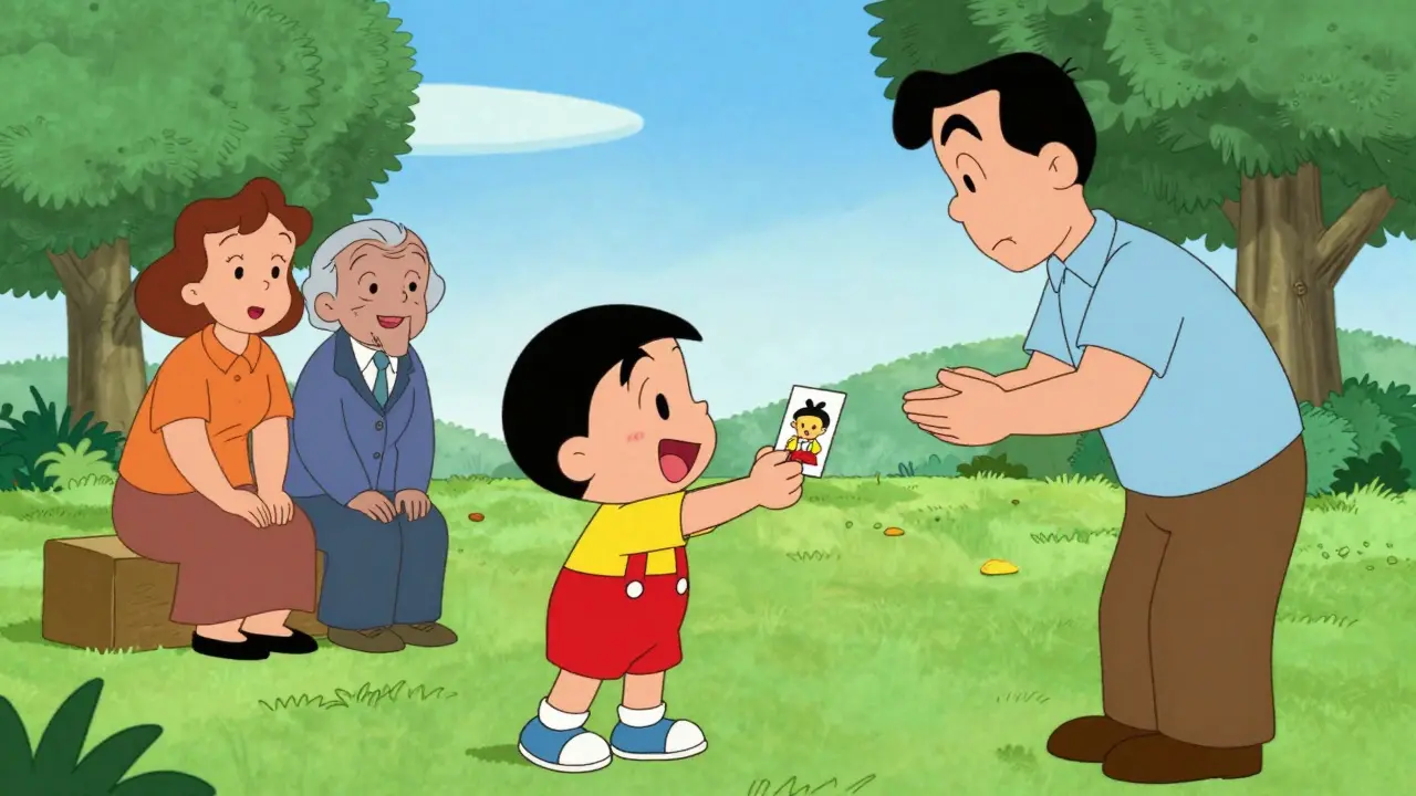 Dítě v parku používá komunikační karty k interakci s okolím.