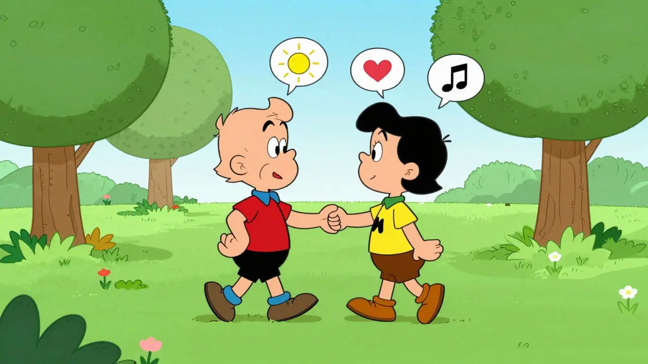 Dvě kreslené postavy na procházce v parku s pozitivními symboly nad hlavami.