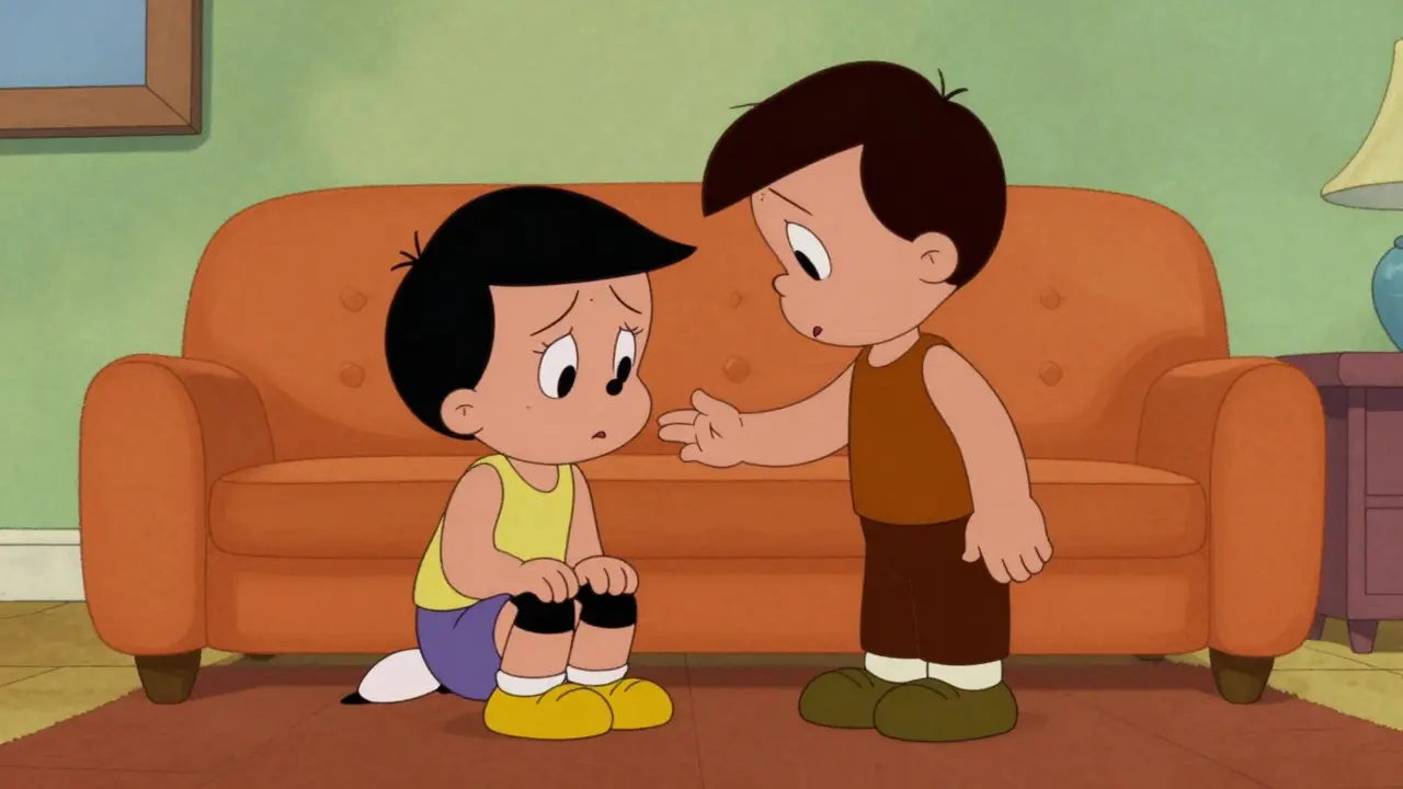 Empatická konverzace dvou postav v útulném obývacím pokoji.