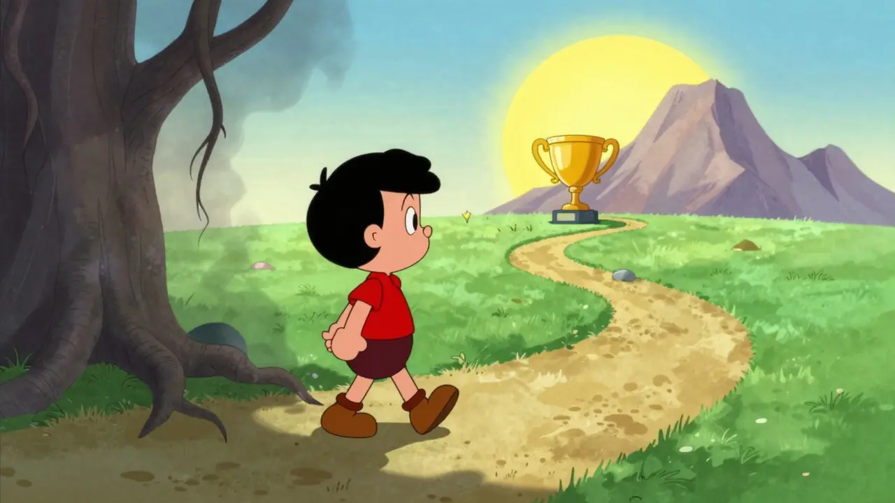 Ilustrace cesty od léčení v mlžném lese k dosažení cílů na slunné louce.