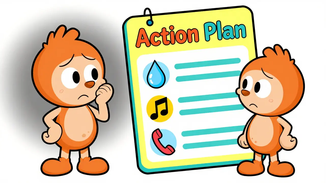 Ilustrace člověka postupujícího podle barevného krizového plánu se symboly.