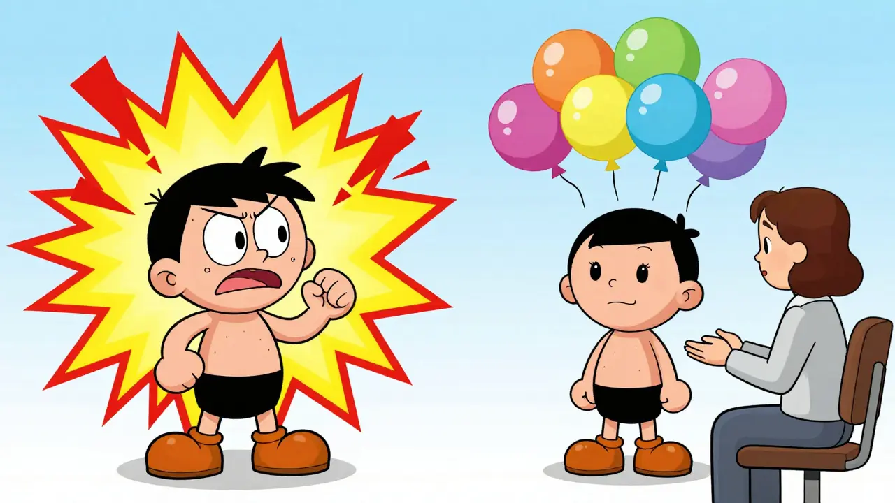 Ilustrace procesu regulace emocí s terapeutem v kartunovém stylu.