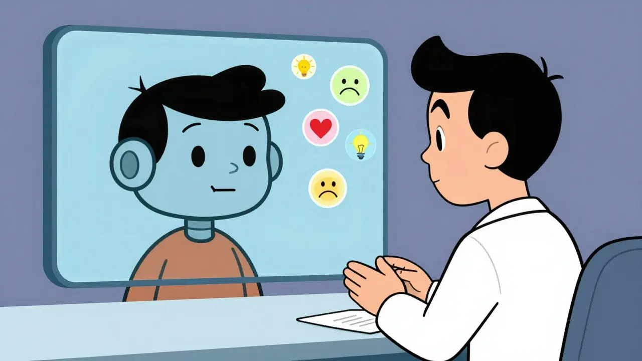 Ilustrace terapeuta a klienta s robotem analyzujícím emoce pomocí AI.