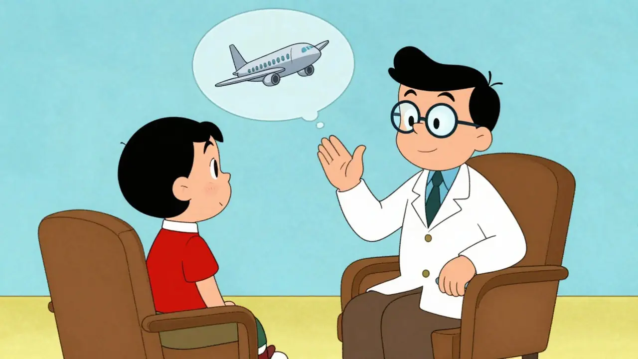 Ilustrace terapeutické sezení EMDR s vizualizací úzkostného scénáře v bublině nad hlavou.