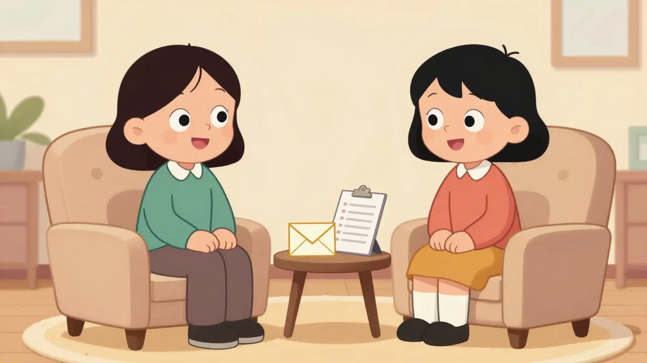 Klientská terapie v útulném prostředí v retro animačním stylu.