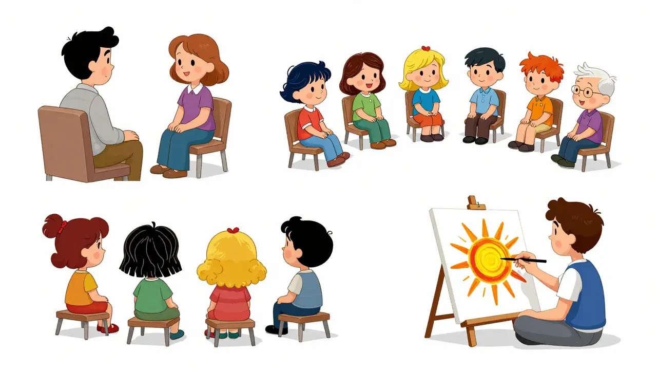 Kolaž různých forem terapie: párová, skupinová a arteterapie.