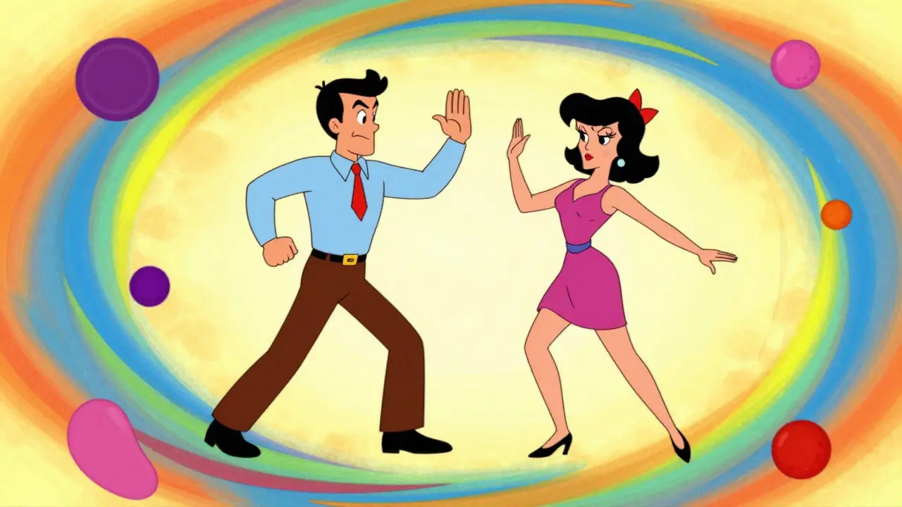 Kresba znázornující negativní komunikační cyklus mezi partnerem a partnerkou.