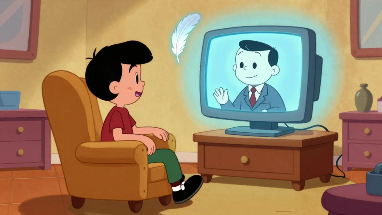 Kreslená ilustrace online psychoterapie s prvky klidu a pohody.