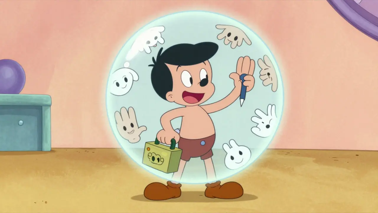 Kreslená postava chráněná bublinou z přátelských tváří a podporujících rukou.