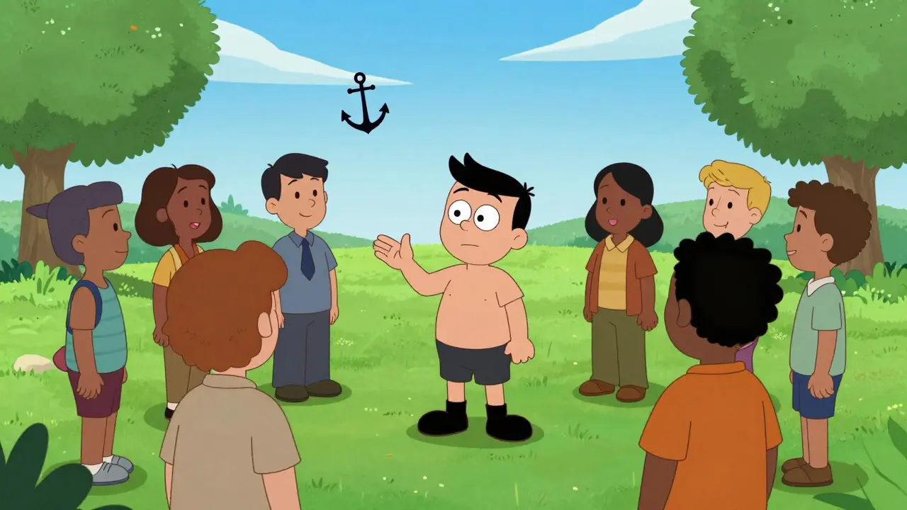 Kreslená postava klidně komunikující s ostatními v parku, symbolizující stabilitu a uzdravení.