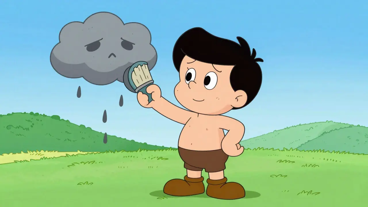 Kreslená postava s úsměvem odstraníující malý mrak úzkosti v slunné krajině.