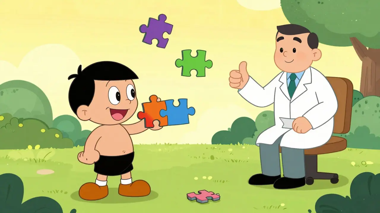 Kreslená postava skládající puzzle svého životního příběhu jako symbol uzdravení.