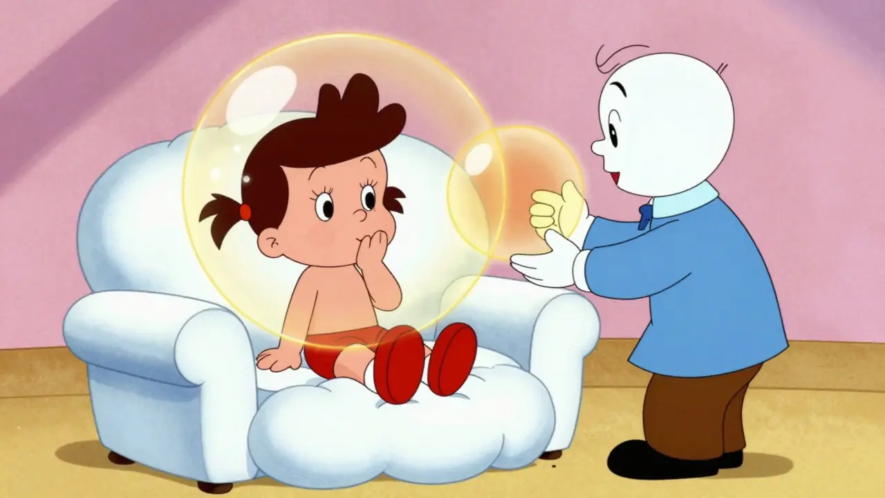 Kreslená postava v bezpečném bublinovém prostoru symbolizující stabilizaci v terapii.