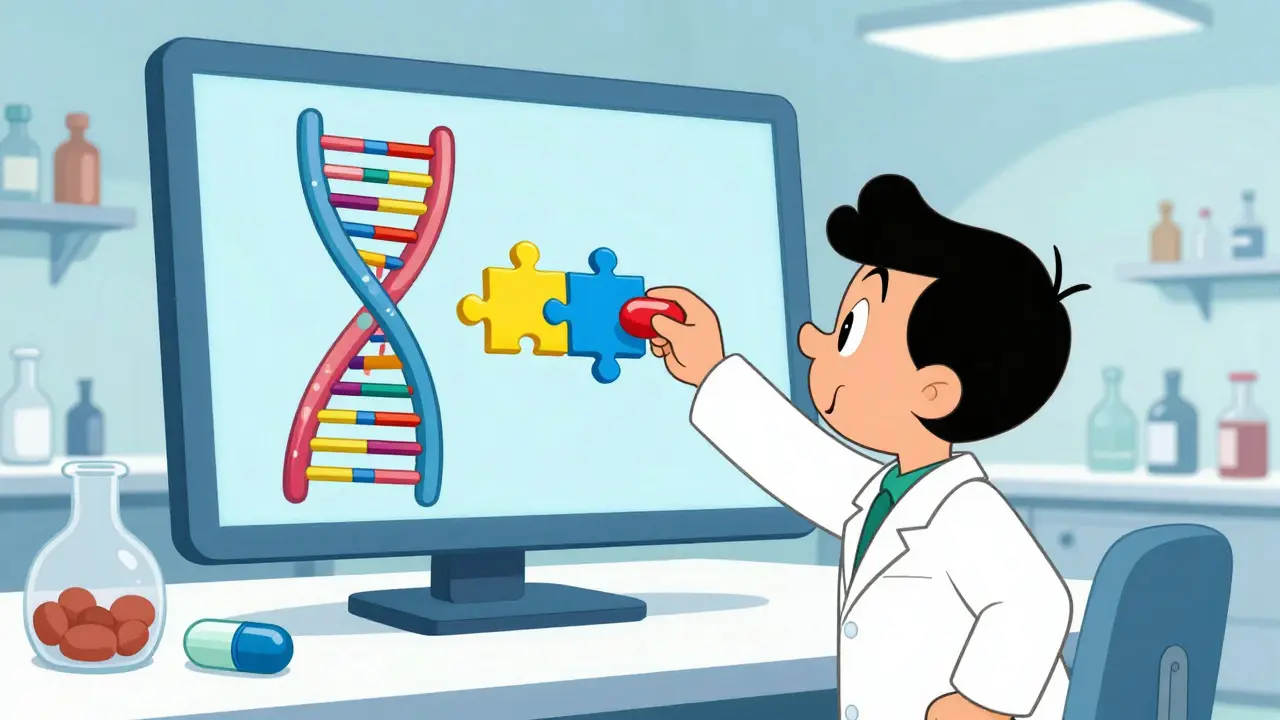 Kreslená scéna vědce pářícího genetický kód s lékem pro personalizovanou léčbu.