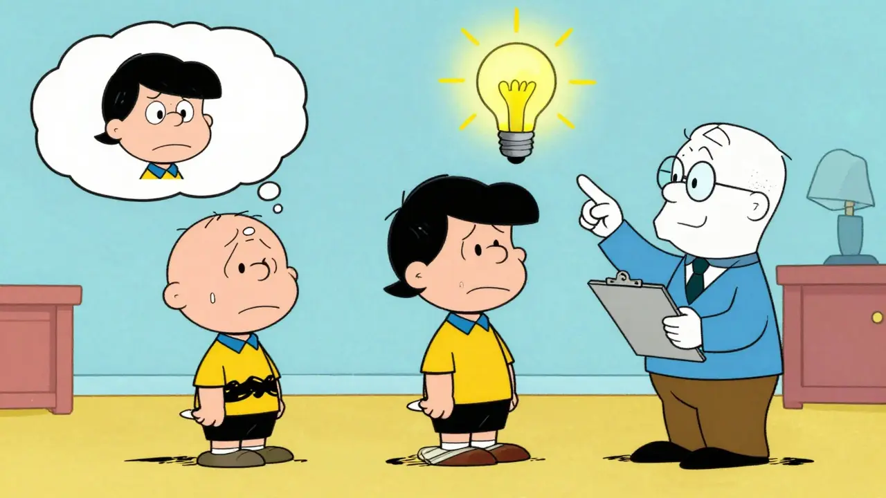 Kreslený pacient v rozhovoru s terapeutem, který mu pomáhá pochopit rozdíl mezi studem a identitou.