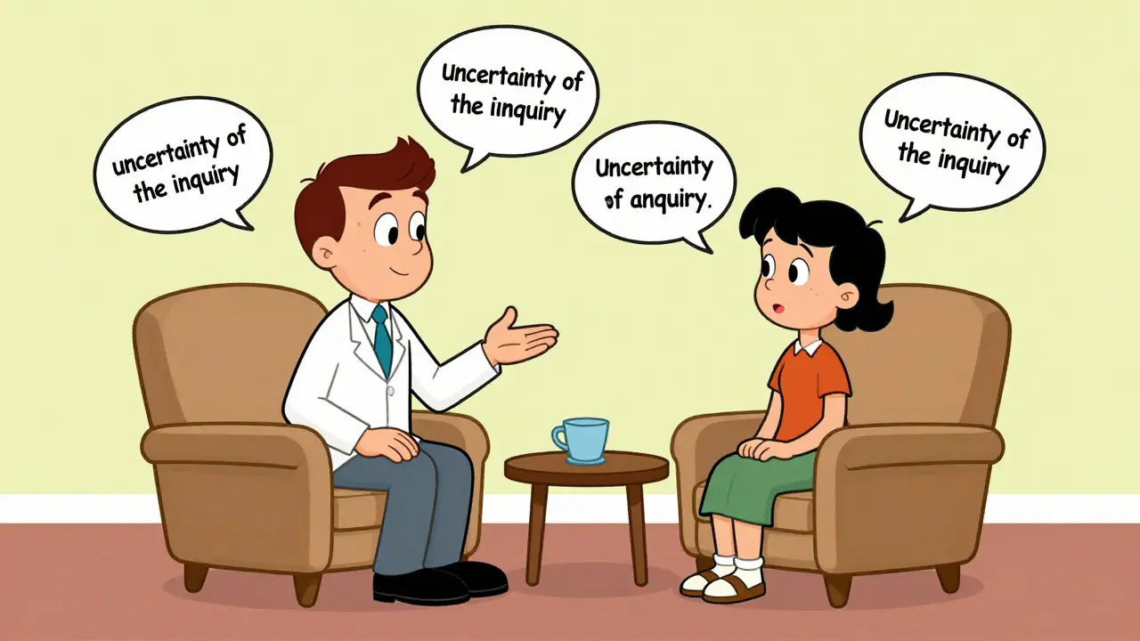 Kreslený terapeut a pacient v rozhovoru s myсленkovými bublinami znázorňujícími různé pohledy.